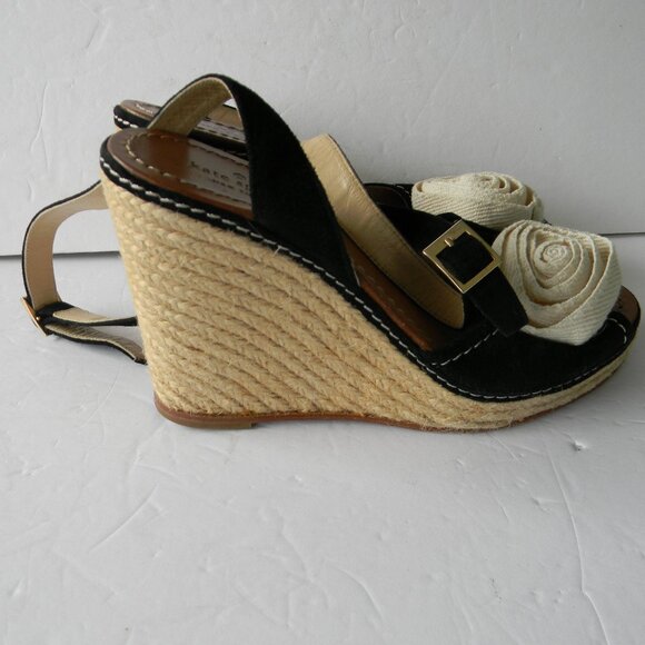 Kate Spade BRIT Black Cream Flower  Suede ESPADRILLE Wedge Sandals SZ 7 - Picture 7 of 10